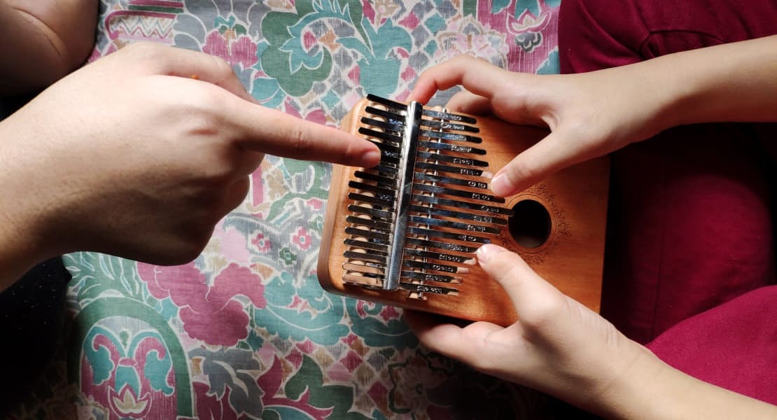 A hand pointing at a kalimba