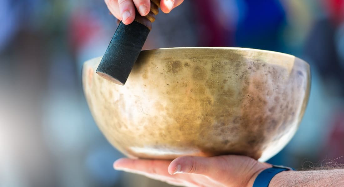 Close-up of a metal singing bowl