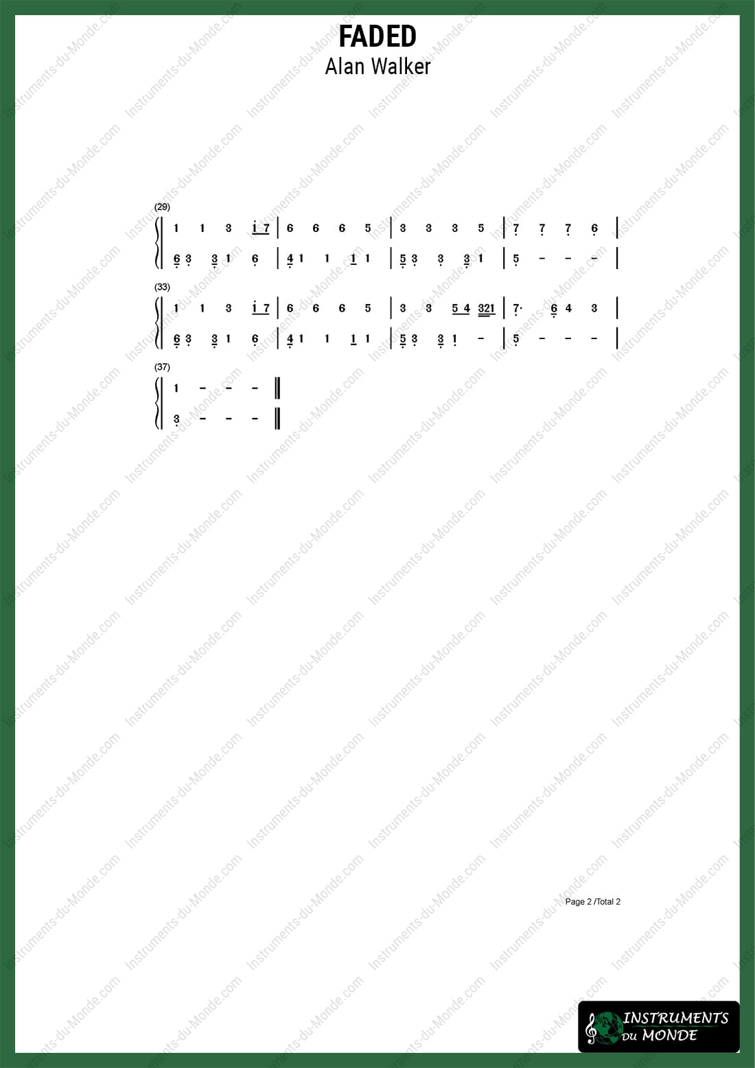 Advanced tongue drum sheet music for Alan Walker's song Faded, page 2