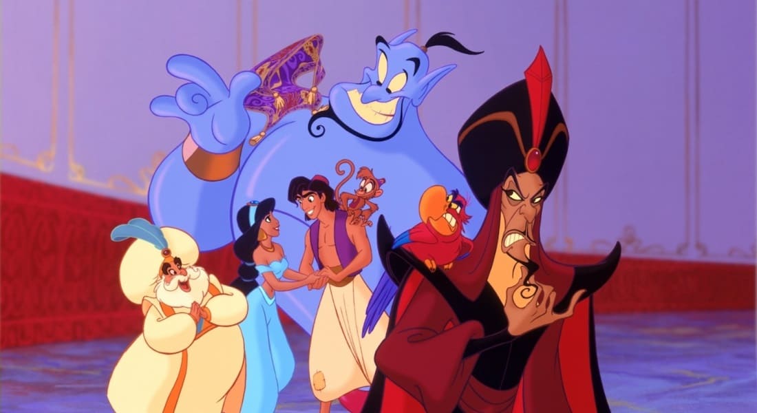 Aladdin, Jasmine, Abu, the Genie, and the Sultan laughing