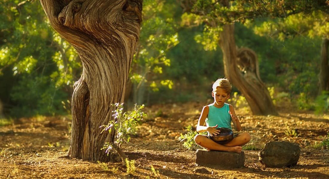 A boy in the forest playing the tongue drum