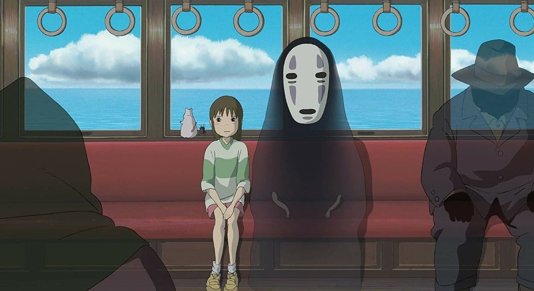 Chihiro with No-Face spirit on a train