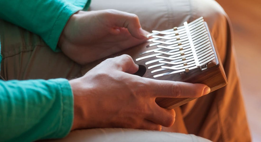 A chromatic kalimba held by two men's hands