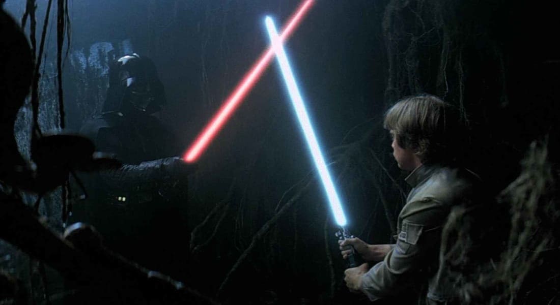 Darth Vader fighting Luke with a lightsaber