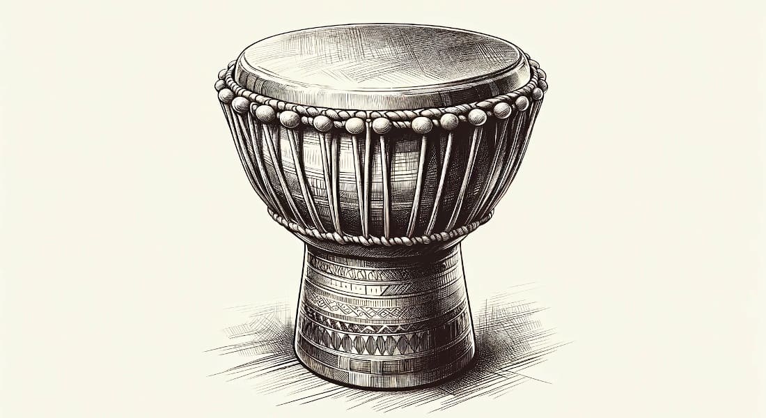 A black-and-white drawing of a djembe