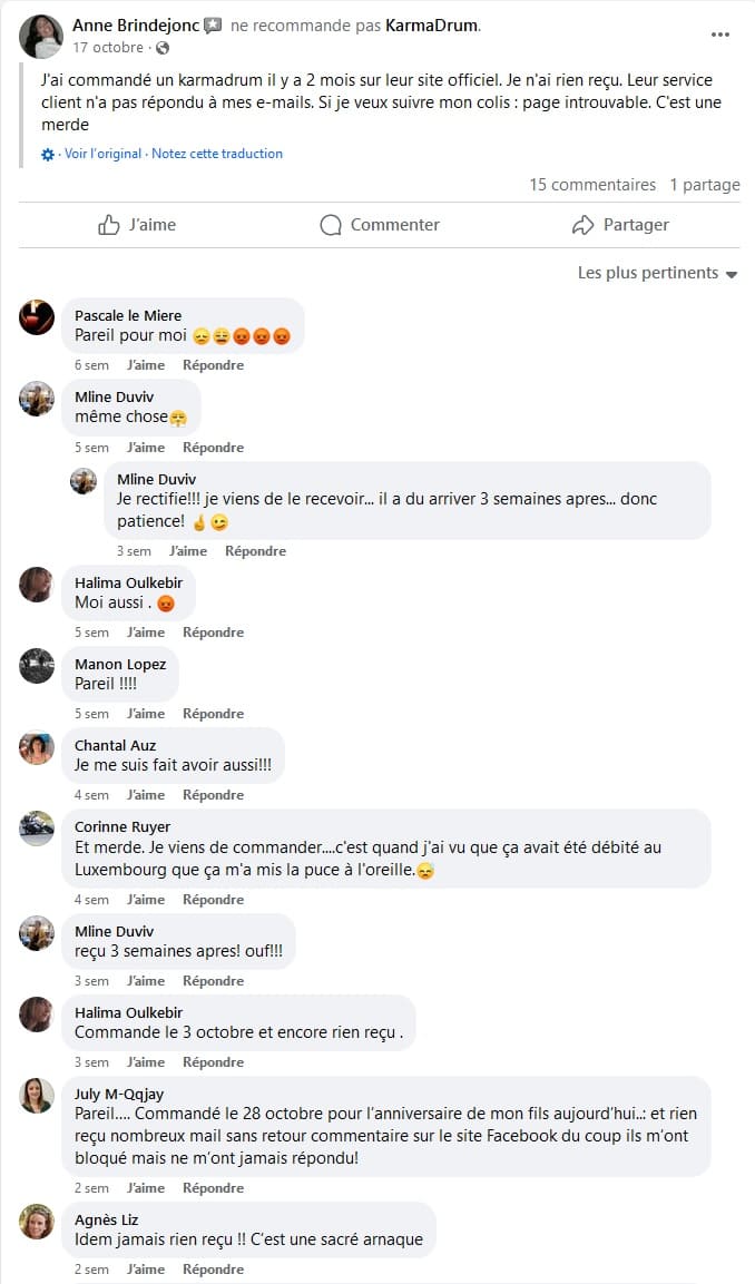 Karma Drum Facebook customer experiences