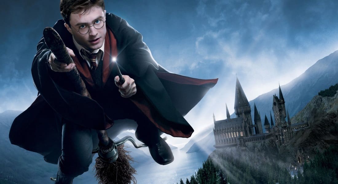 Harry Potter flying on his magic broom