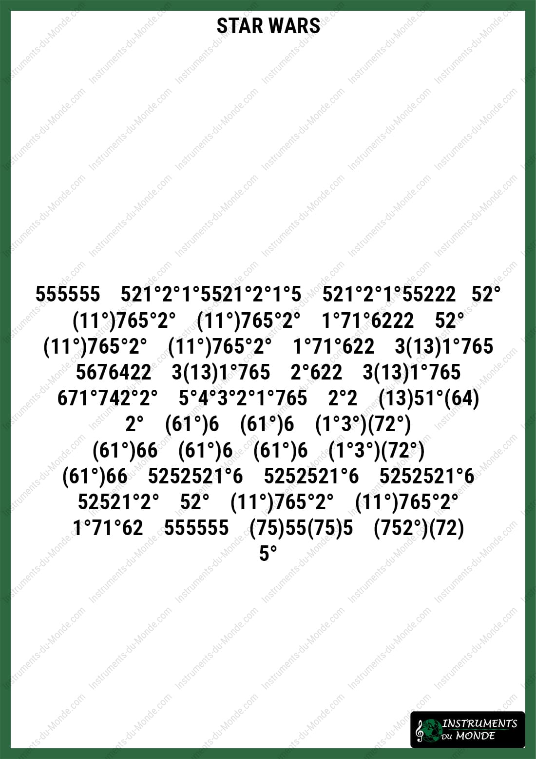 Star Wars kalimba sheet music with numbers