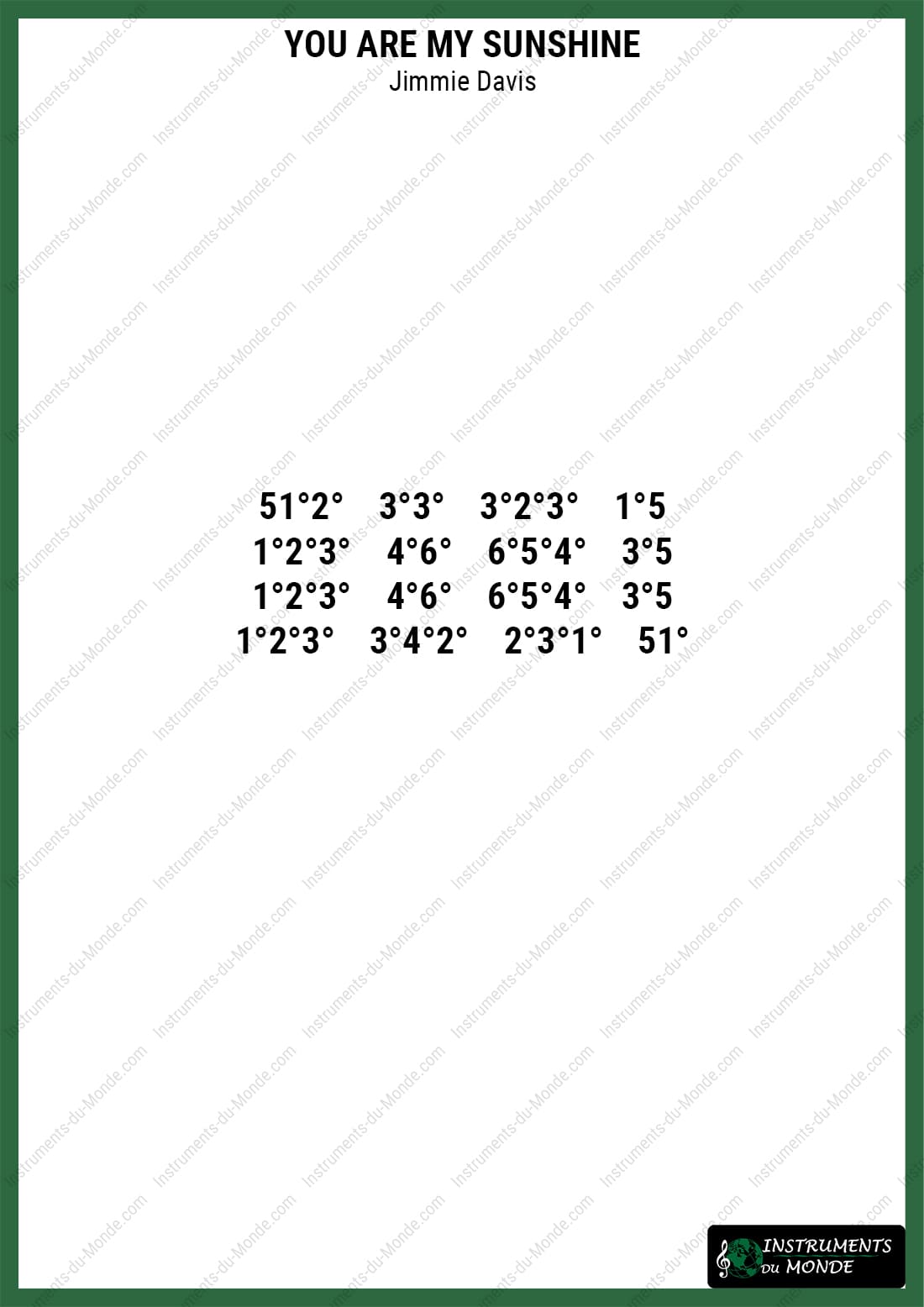 Kalimba sheet music, 7 tines, You Are My Sunshine (numbers)