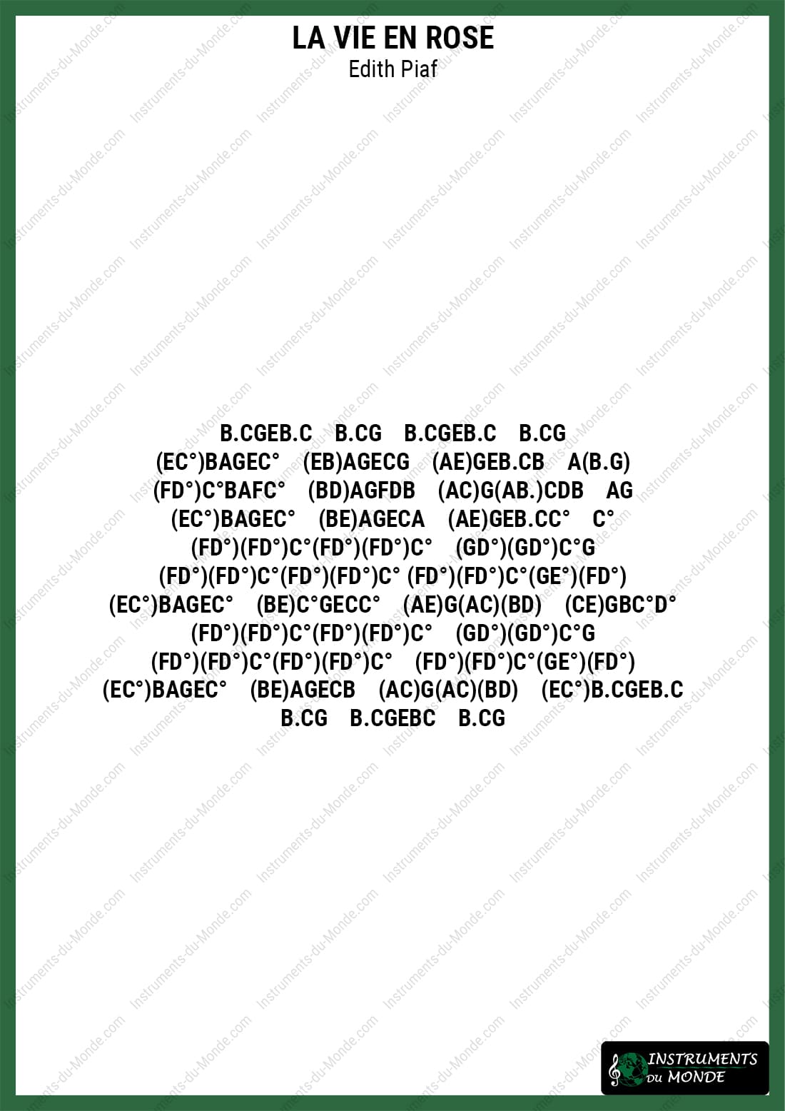 Kalimba sheet music for La Vie en rose, letters