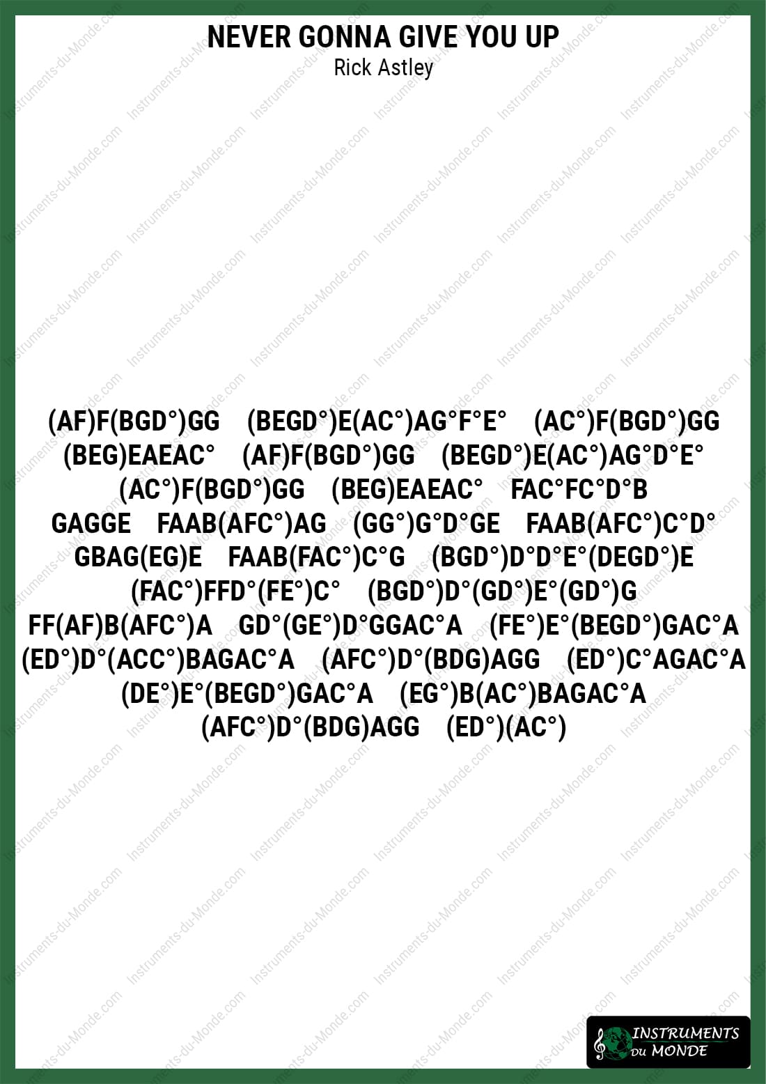 Kalimba sheet music for Never Gonna Give You Up by Rick Astley (letters)