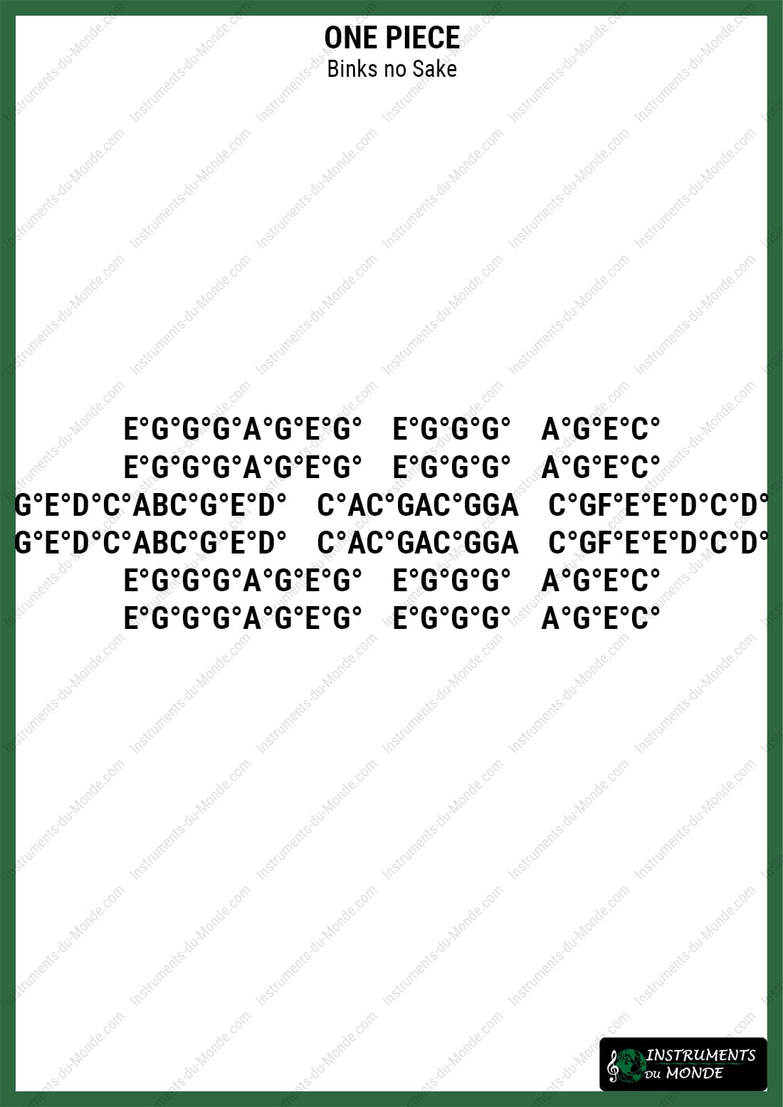 Kalimba sheet music One Piece Binks' Sake letters