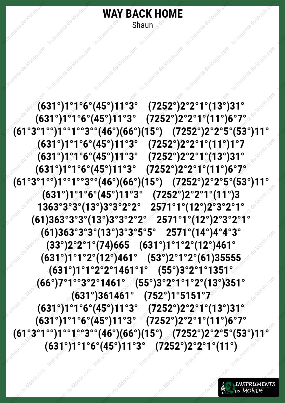 Kalimba sheet music for Shaun's Way Back Home with numbers