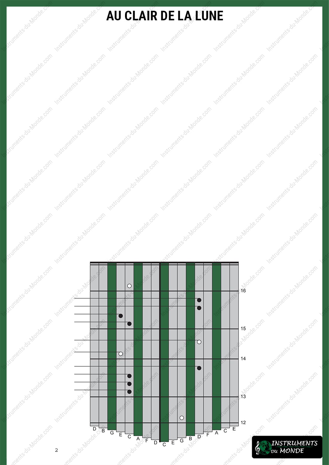 Kalimba tablature for Au clair de la lune, page 2