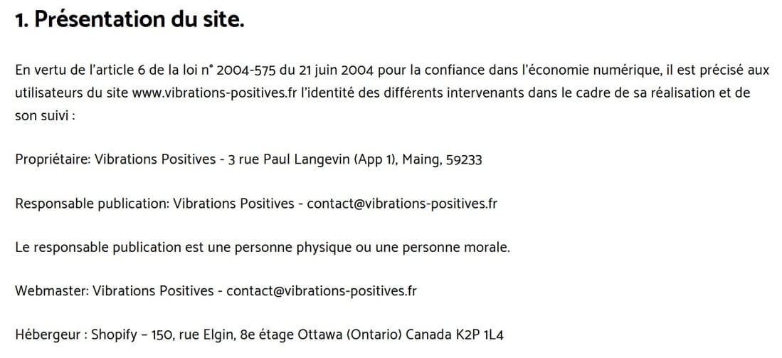 Legal notice for Vibrations Positives