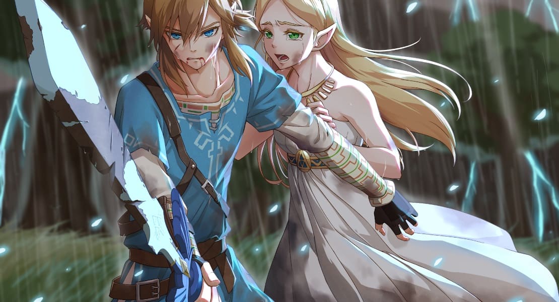 Link protecting Zelda with his sword