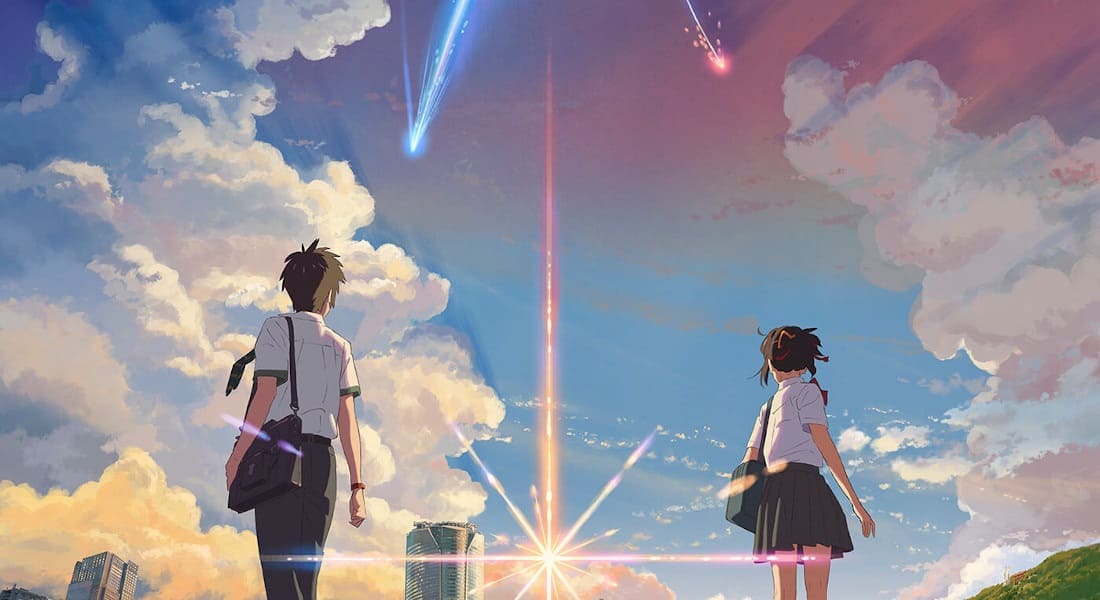 Mitsuha and Taki back to back with a comet streaking across the sky