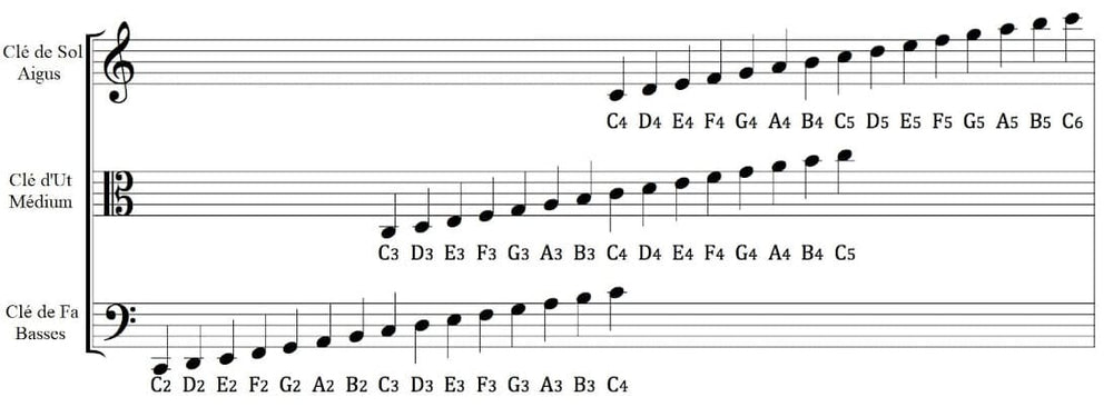Diagram of different music clefs