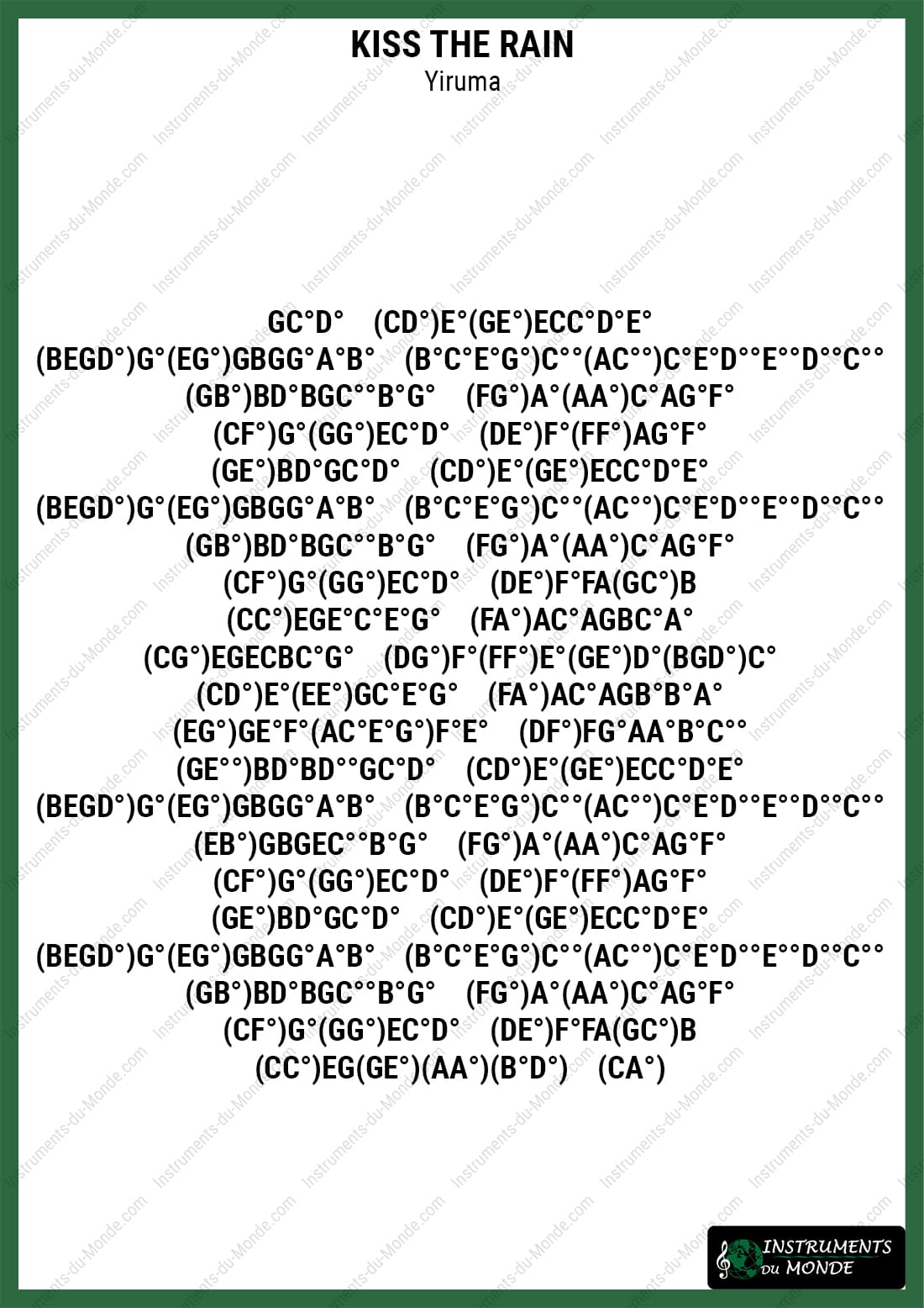 Kalimba sheet music for Kiss the Rain by Yiruma, letters