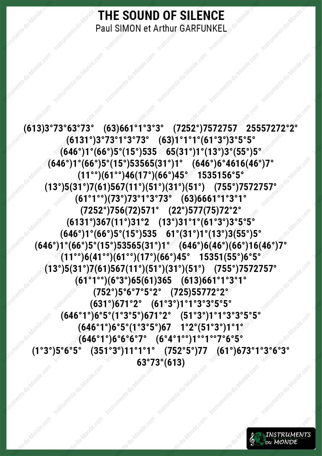 Kalimba tablature for The Sound of Silence (numbers)