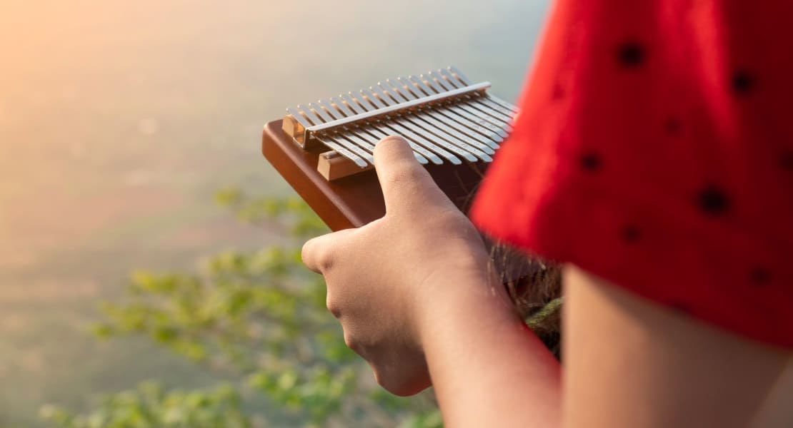 A woman in a red dress seen from behind playing the kalimba