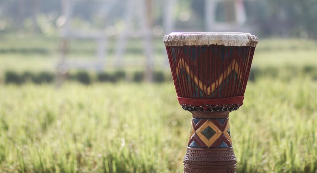 A wooden djembe sitting on grass