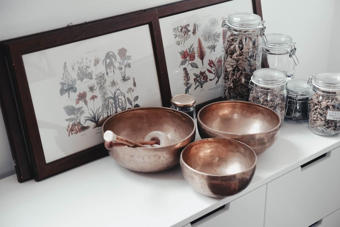 3 Singing bowls on a shelf