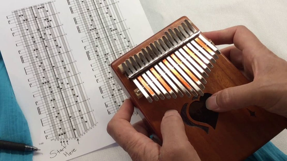 A kalimba held in hand with a tablature in the background