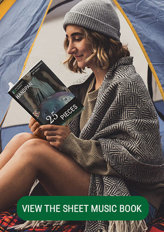 Advertisement for a handpan sheet music book