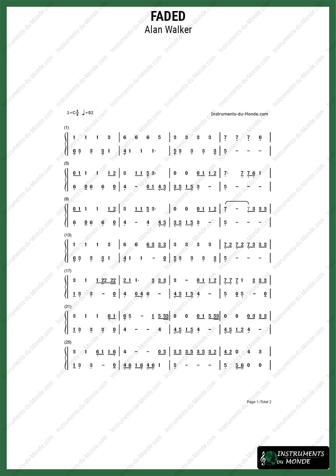 Advanced tongue drum sheet music for Alan Walker's song Faded, page 1