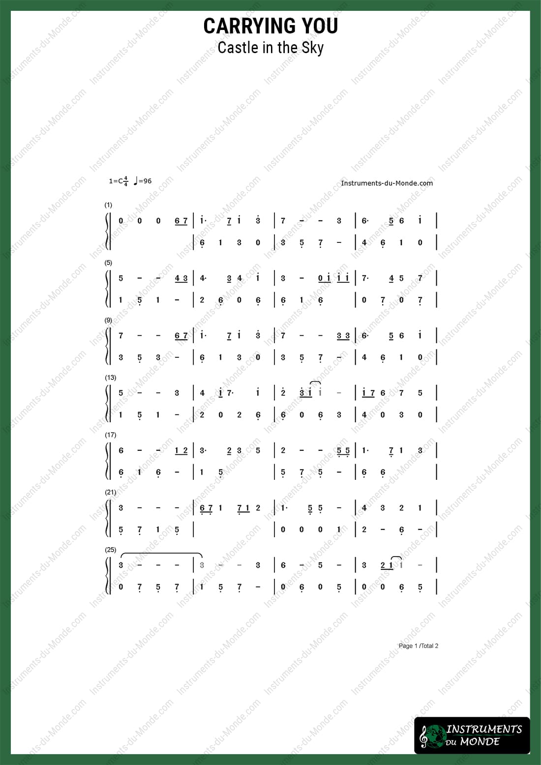 Advanced tongue drum sheet music Castle in the Sky Carrying You page 1