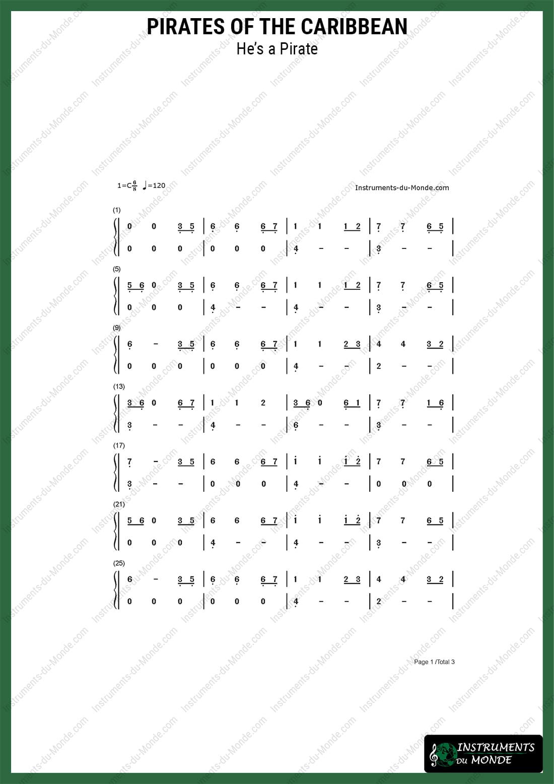 Advanced tongue drum sheet music for Pirates of the Caribbean, page 1