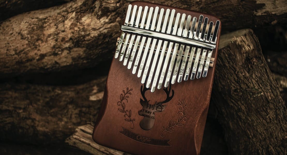 A brown kalimba resting on wood logs