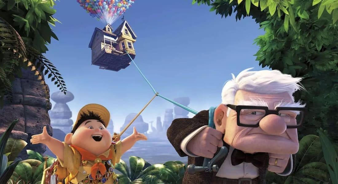 Carl and Russell pulling the flying house with a rope