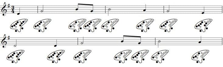 Complex ocarina tablature example.