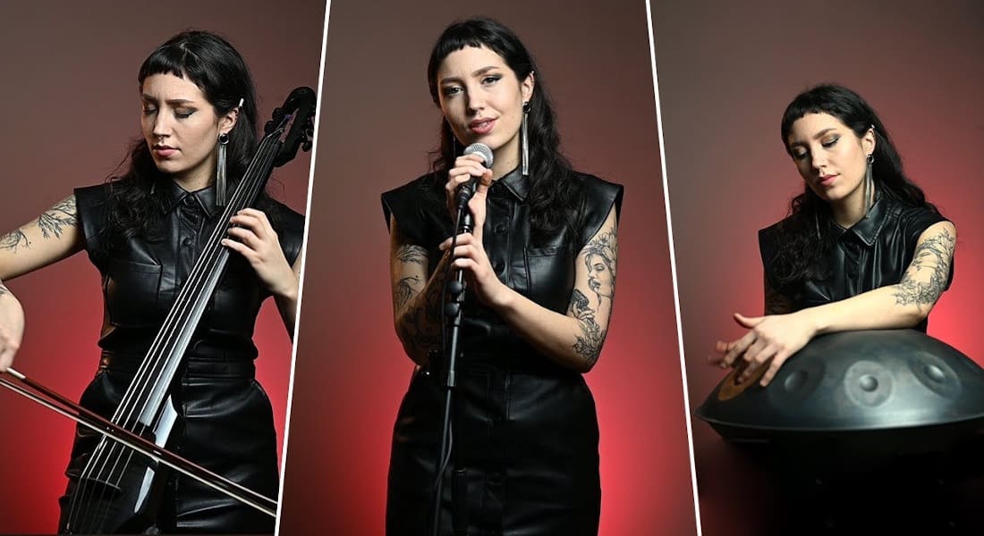 Heidi Albert playing handpan, cello, and singing