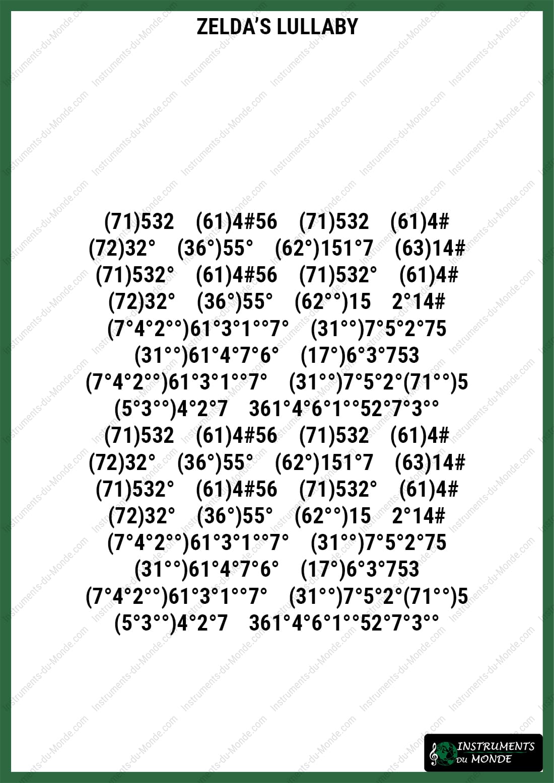 Kalimba sheet music for Zelda's Lullaby, numbers