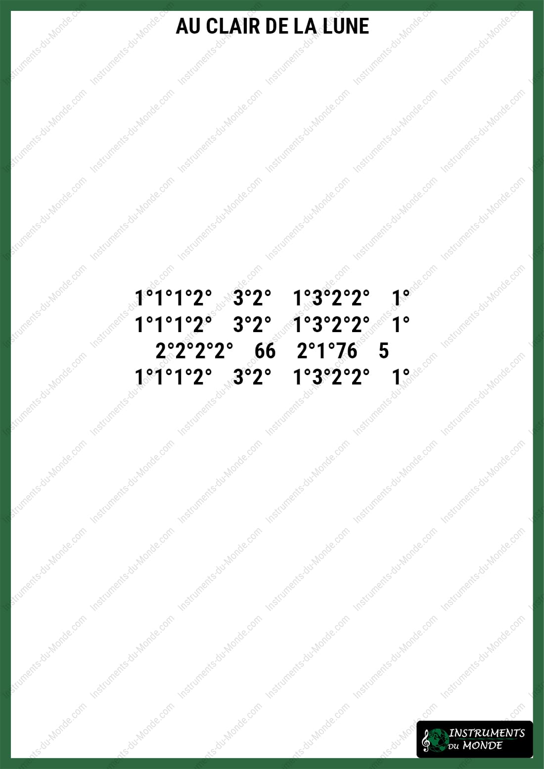 Kalimba sheet music for Au clair de la lune (numbers)