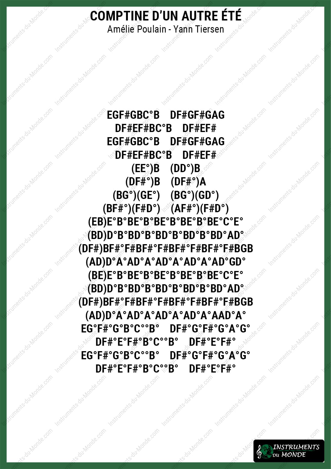 Kalimba sheet music Comptine d'un autre été Amélie Poulain letters