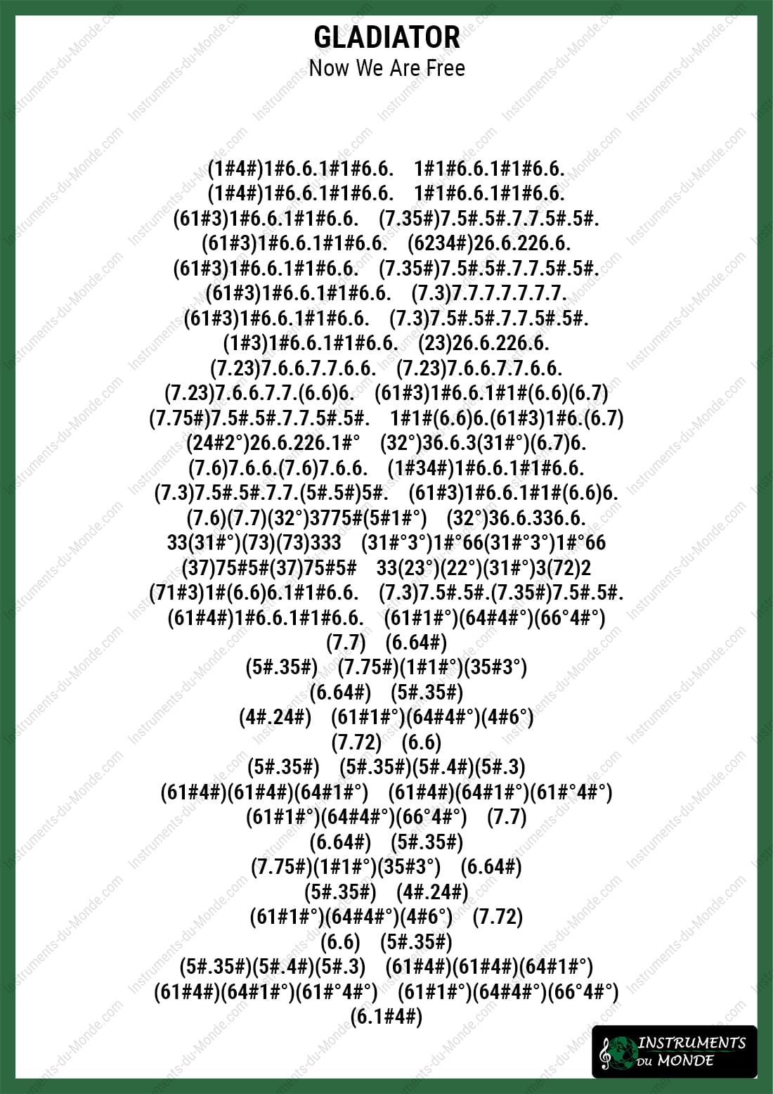 Kalimba sheet music for Gladiator in numbers