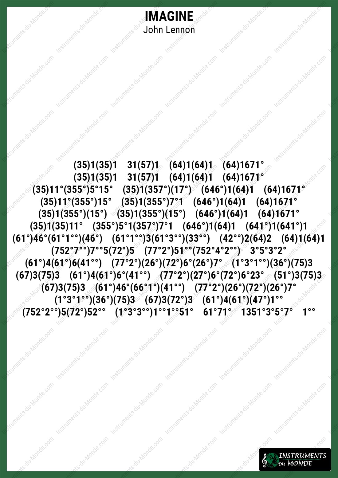 Kalimba sheet music for the song Imagine by John Lennon with numbers