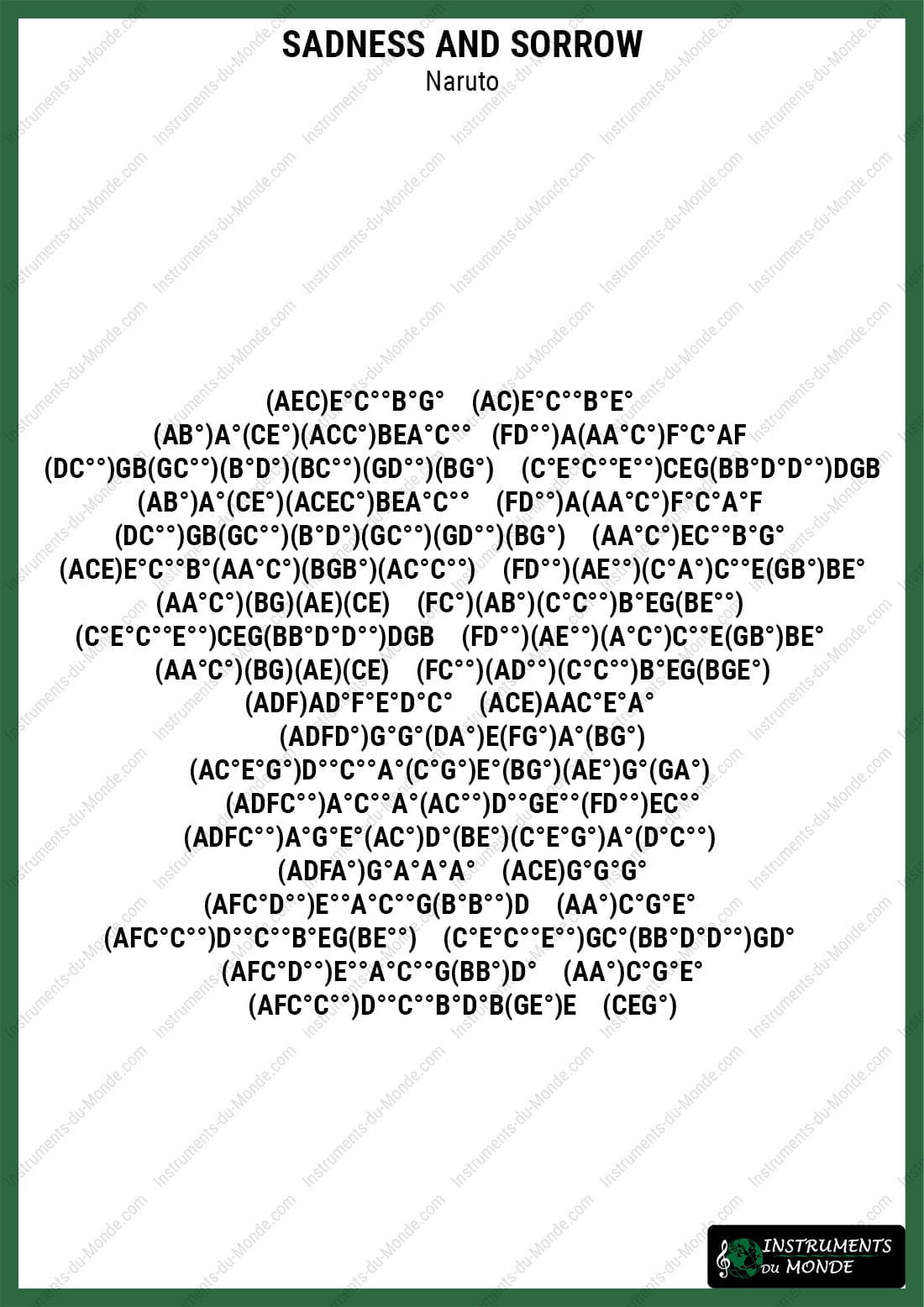 Sheet music with letters for Naruto's Sadness and Sorrow