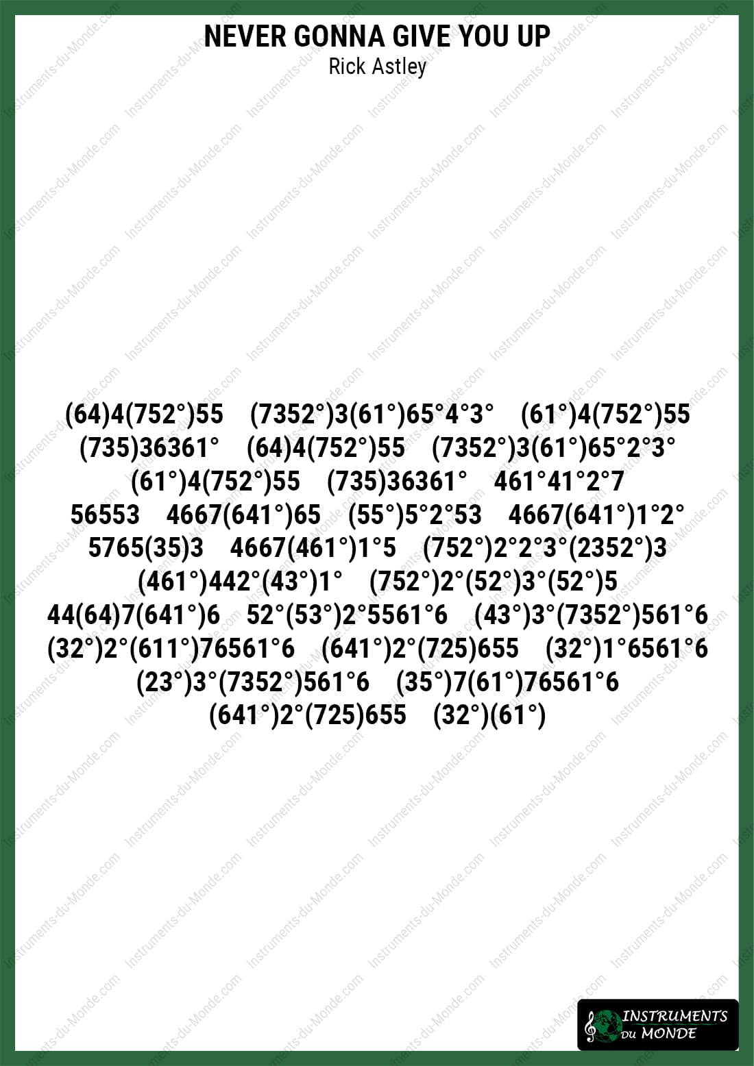 Kalimba sheet music for Never Gonna Give You Up by Rick Astley (numbers)