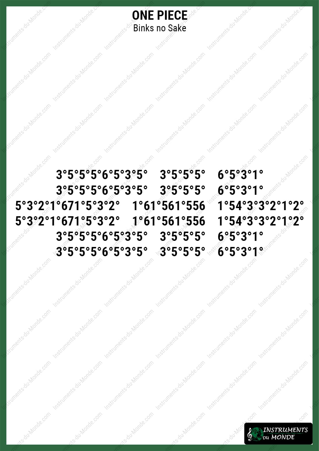 Kalimba sheet music One Piece Binks' Sake numbers