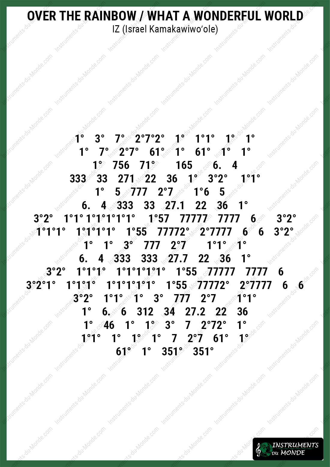 Kalimba sheet music for Over the Rainbow (numbered notation)
