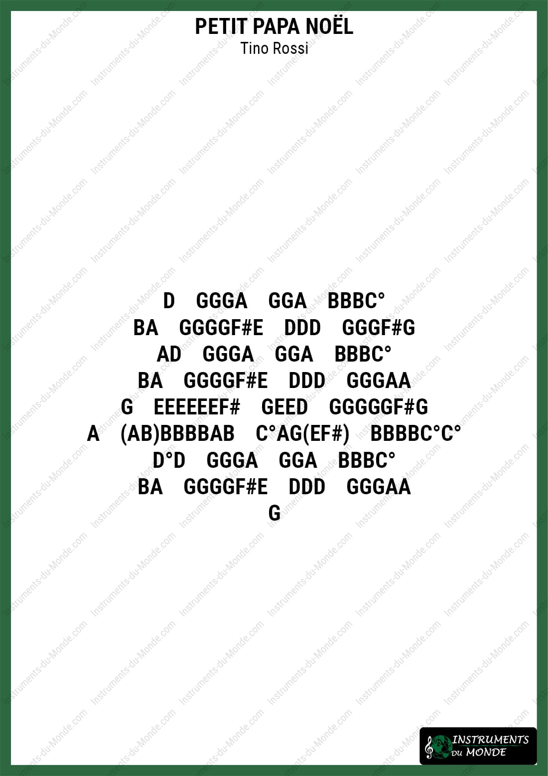 Kalimba sheet music for Petit Papa Noël with letters