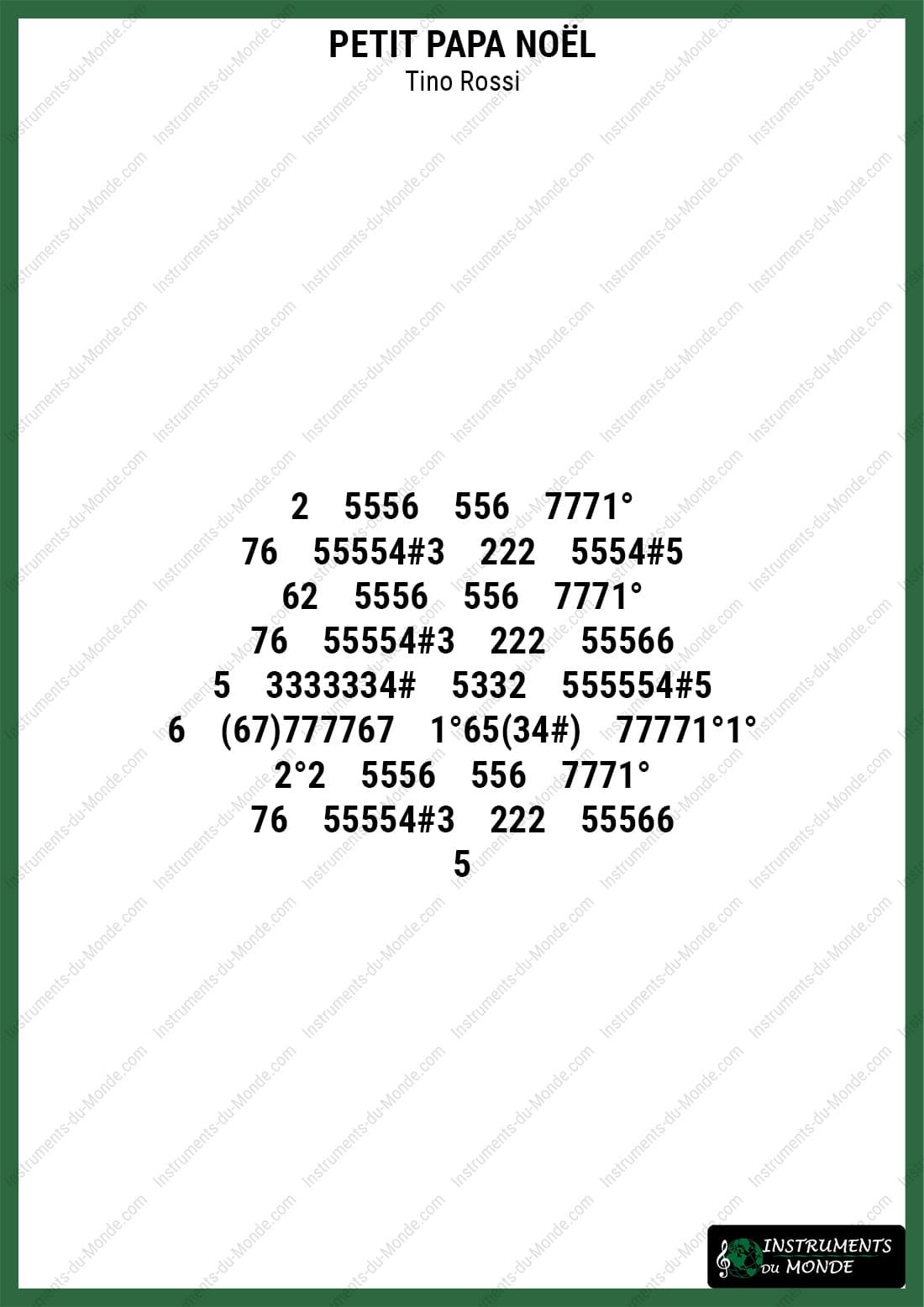 Kalimba sheet music for Petit Papa Noël with numbers