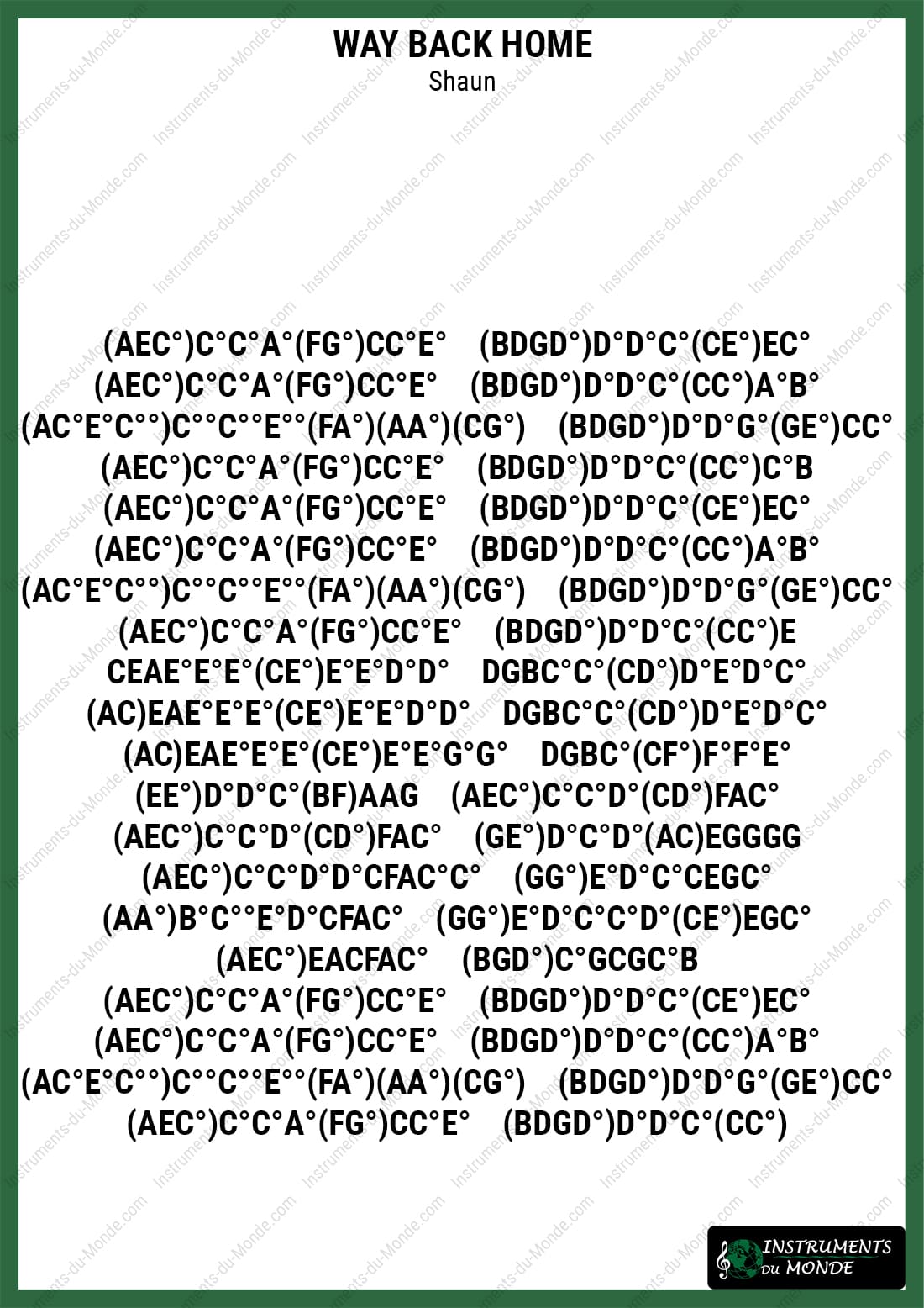 Kalimba sheet music for Shaun's Way Back Home with letters