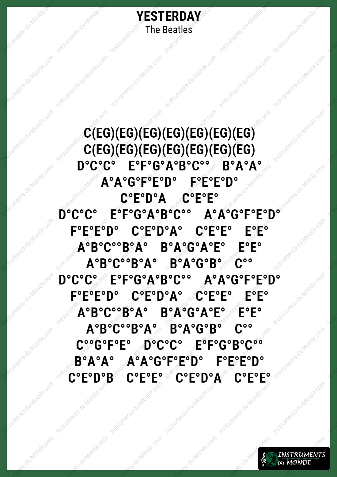 Kalimba sheet music for Yesterday by The Beatles with letters