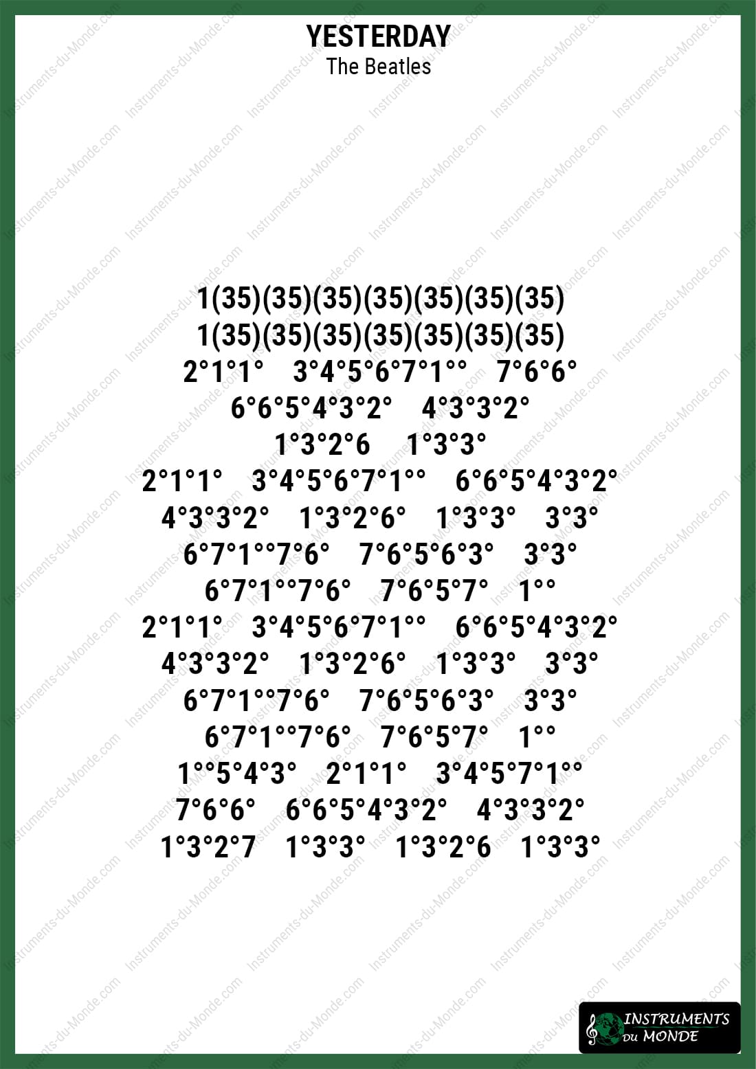 Kalimba sheet music for Yesterday by The Beatles with numbers